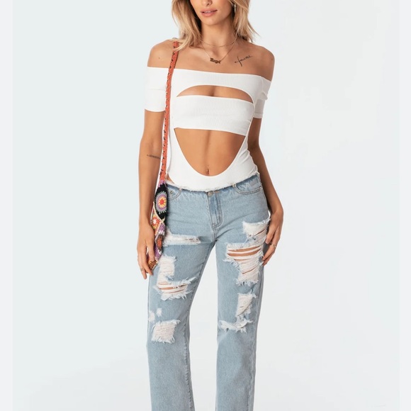 Edikted Tops - Edikted Cutout White Body Suit Ribbed